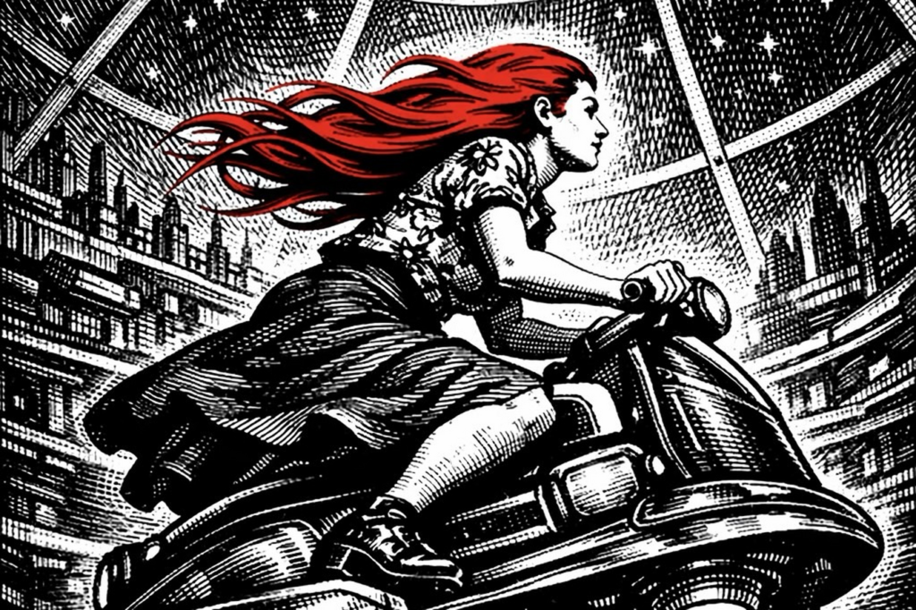 A red-haired woman in a floral dress rides a motor-scooter through a domed city, her hair streaming behind her against silhouetted skyline towers.