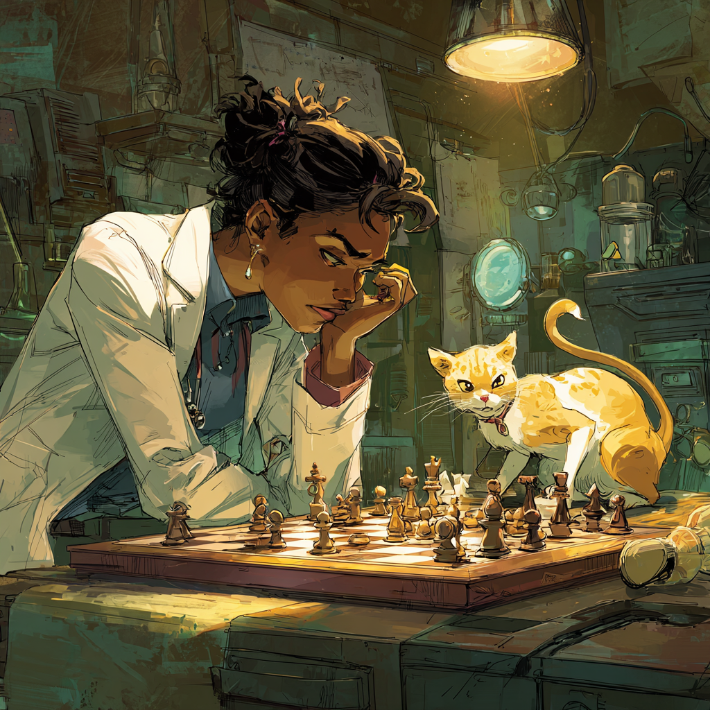 Caroline rests her chin on one hand over a mid-game chessboard, studying the cat seated upright across the board under a hanging lamp in a cluttered lab.