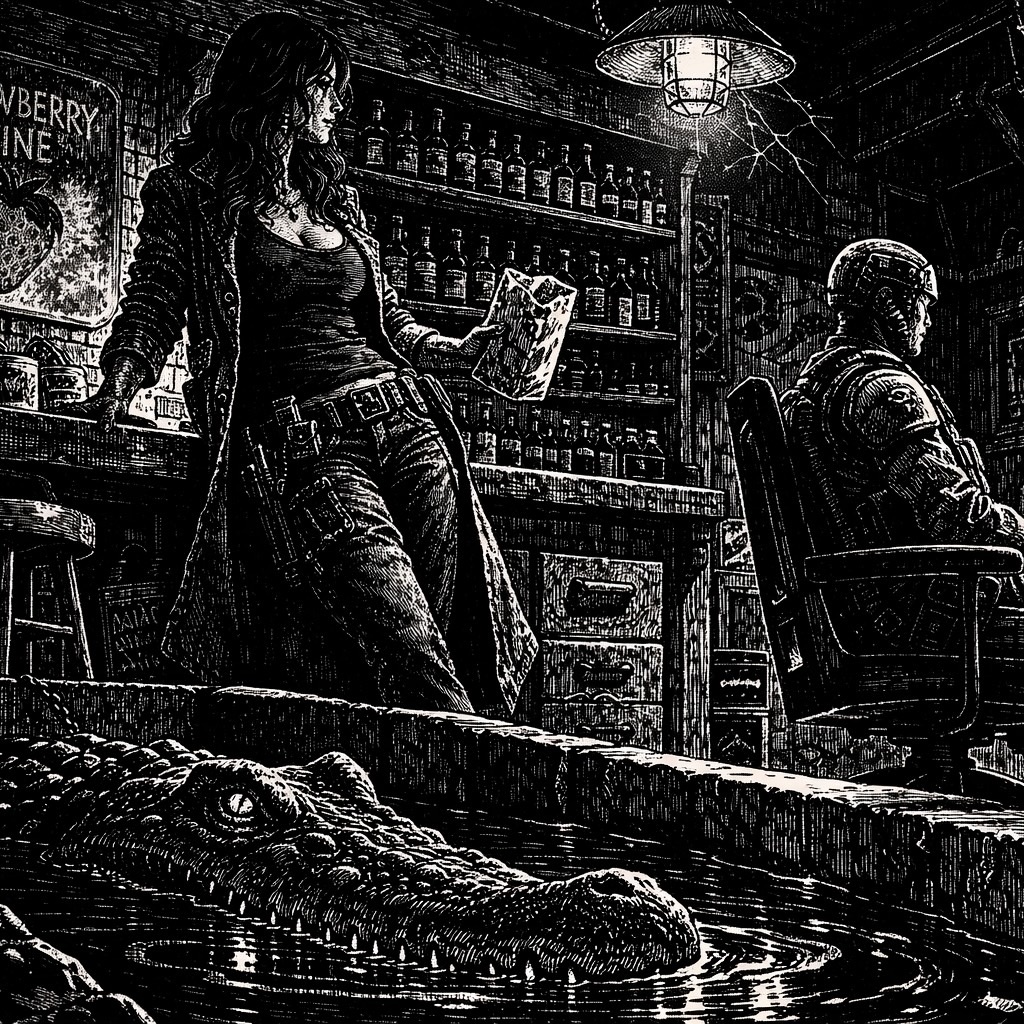 A woman in a long coat stands in a dim bar holding a paper bag while an armored helmeted figure sits nearby and a large alligator surfaces from a pool in the foreground.