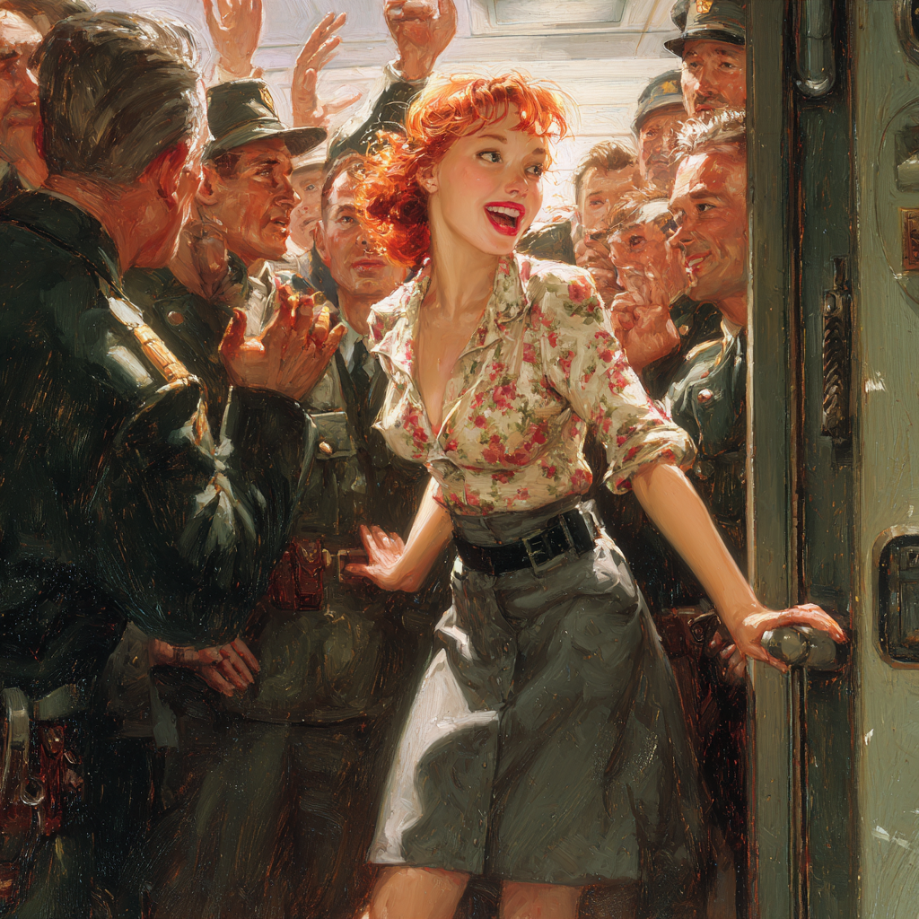 A red-haired woman in a floral blouse pushes forward through a tight crowd of cheering uniformed soldiers at a doorway.