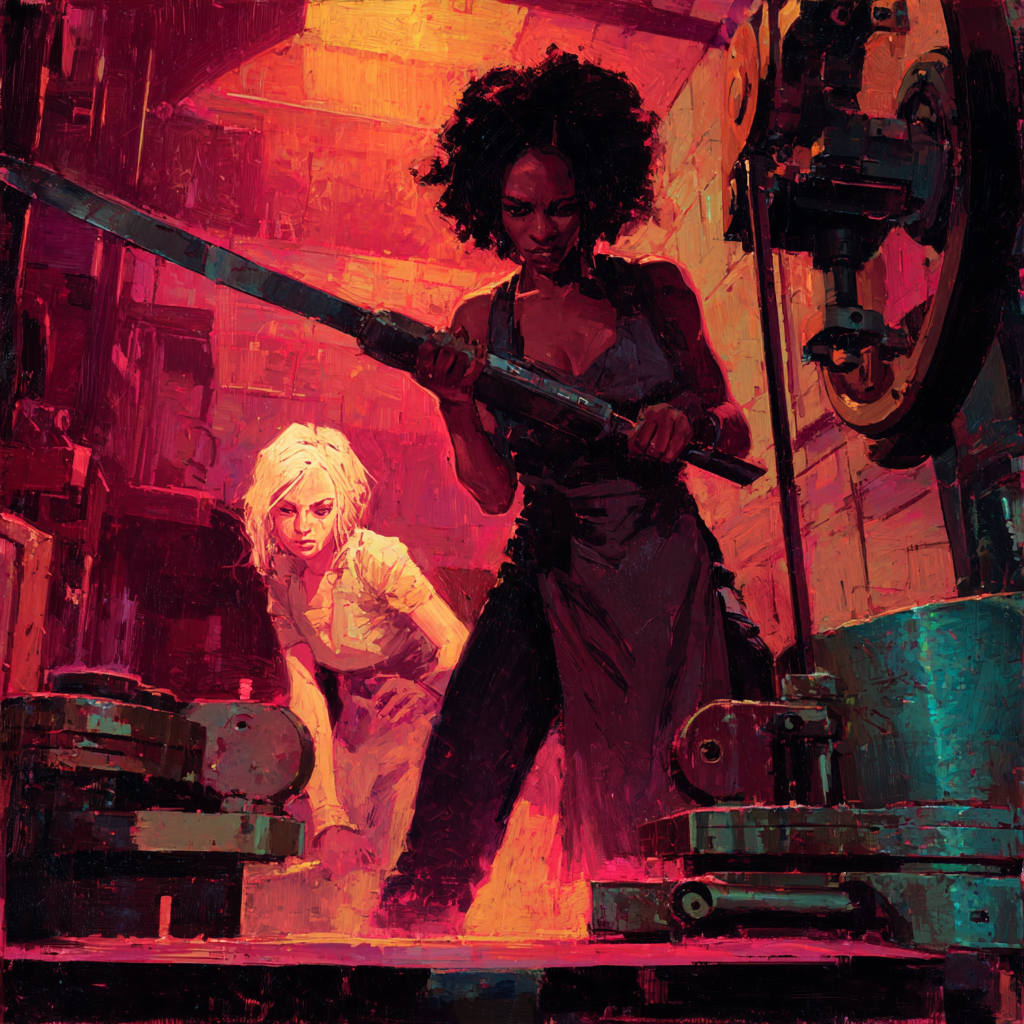 In a chamber full of heavy machinery, a woman with an afro stands over a crouching pale-haired woman, holding a long spanner across her body like a weapon.