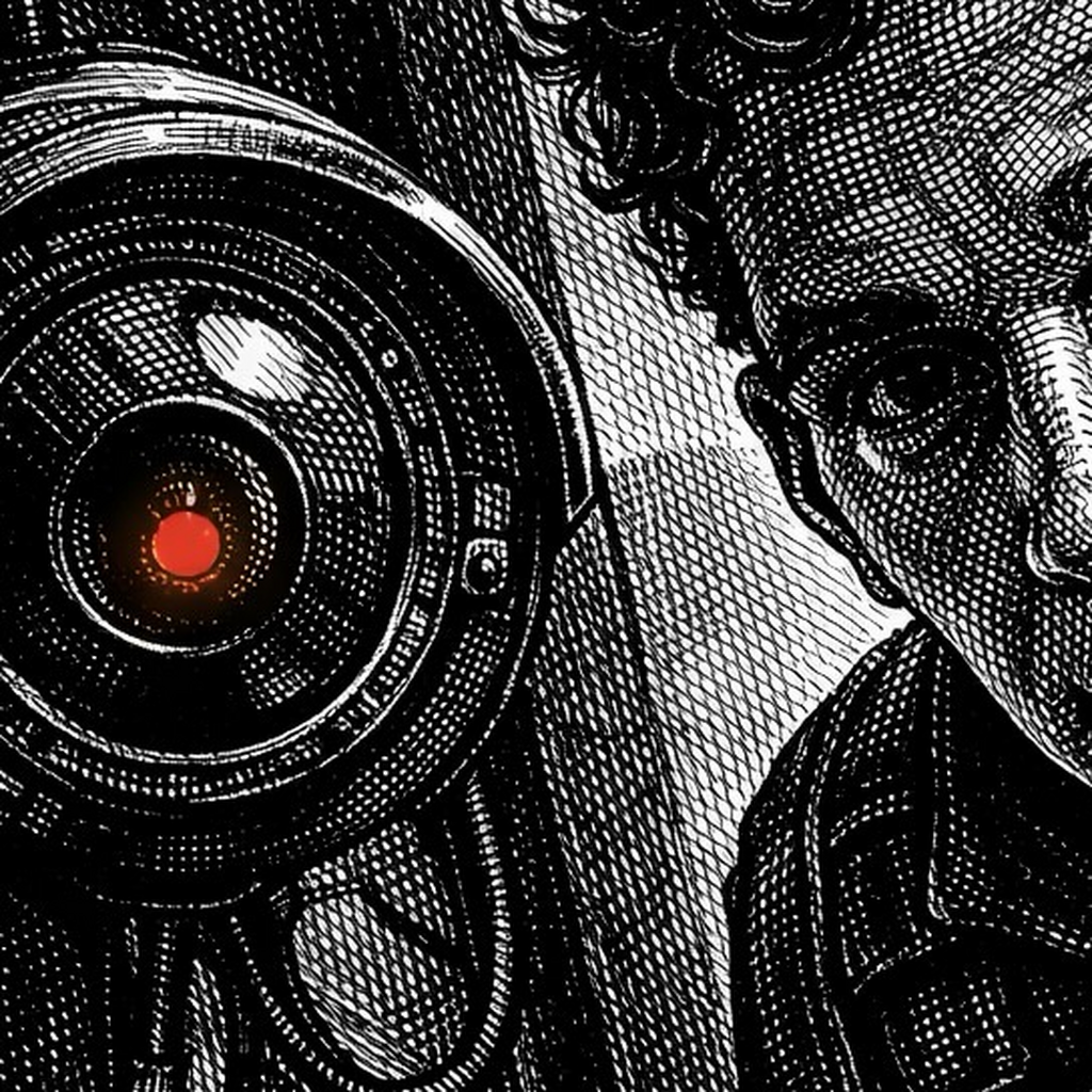 A person's face in profile beside a large camera lens whose central aperture glows at the pupil.