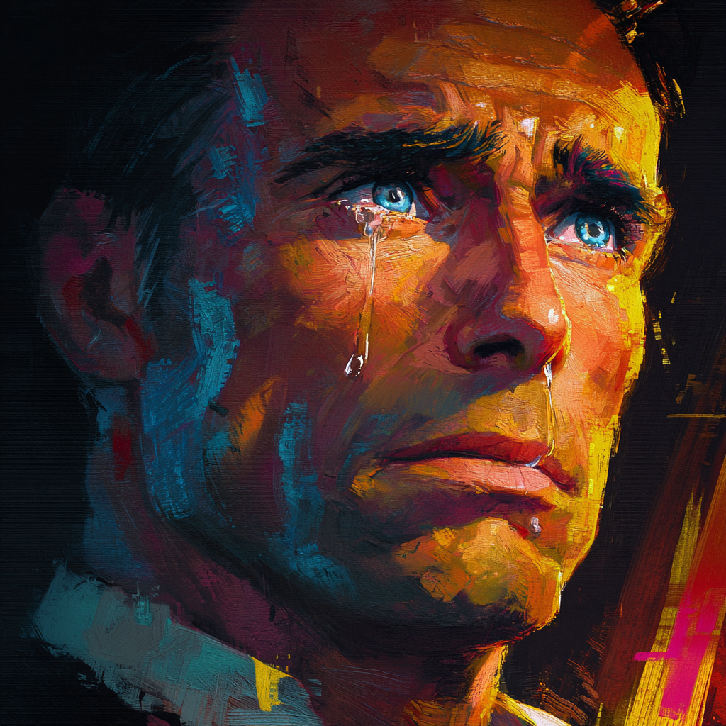A painterly close-up of a man's face, pale eyes brimming as tears run down both cheeks.