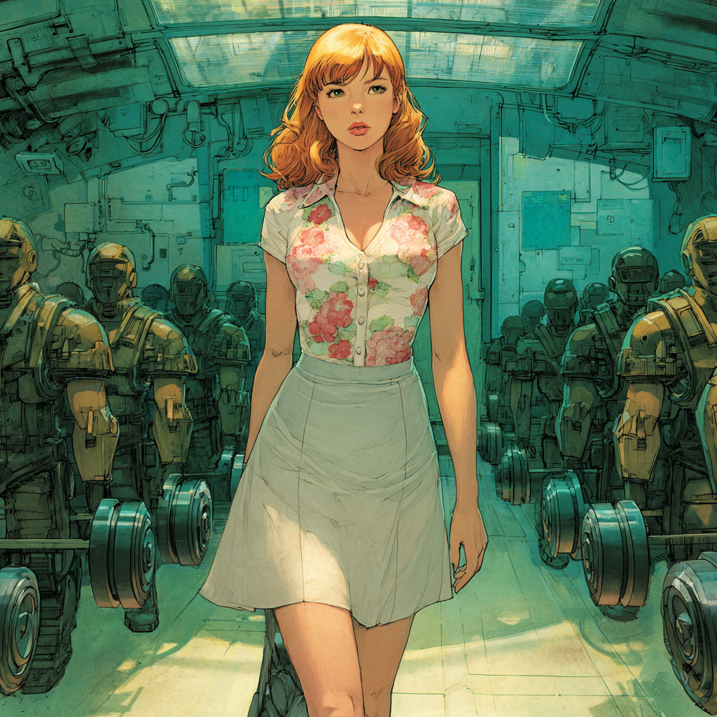 A red-haired woman in a floral top walks down the center aisle of a barracks flanked by rows of identical armored clone soldiers at rest.
