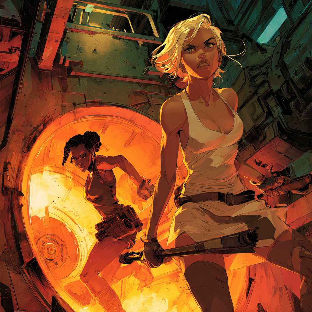 A pale-haired woman in a tank dress grips a long spanner in the foreground, glaring off-frame, while a woman with braided hair holds another spanner behind her beside a large circular chamber hatch.