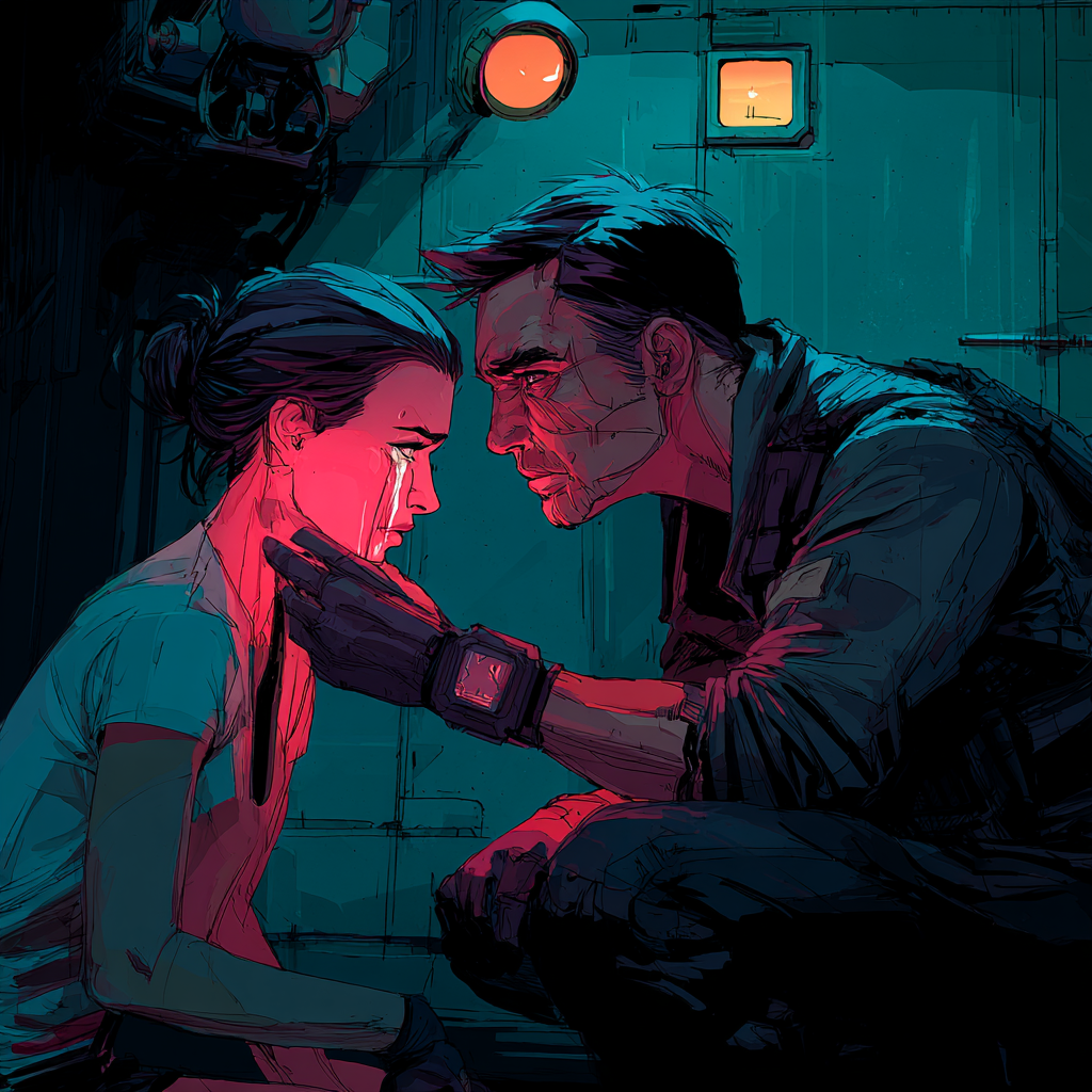 In a dim cabin, a kneeling man in a jacket cups the face of a seated, weeping woman, their foreheads nearly touching.