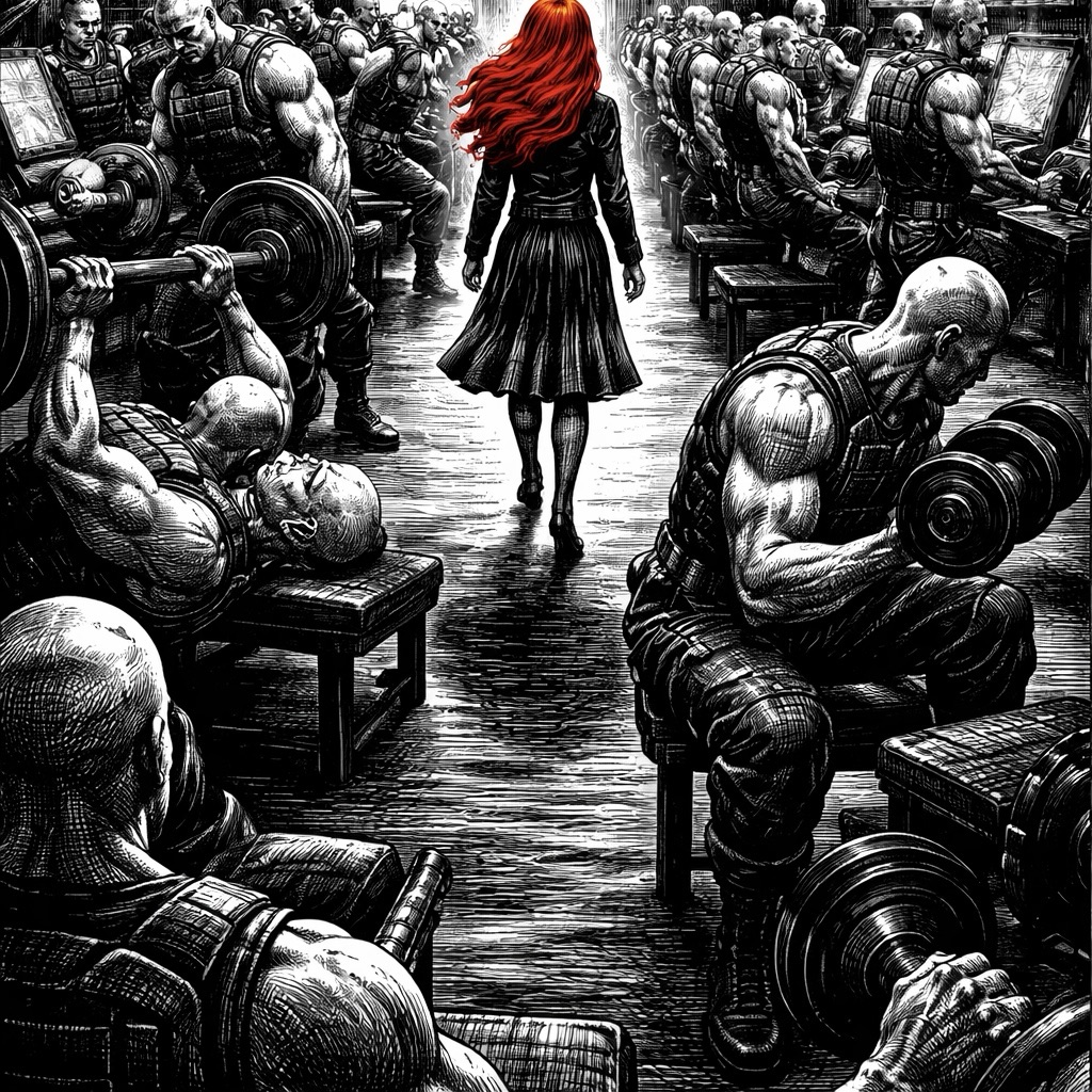 A red-haired woman in a dark dress walks through a gym crowded with identical muscular bald men lifting weights, none of them looking at her.