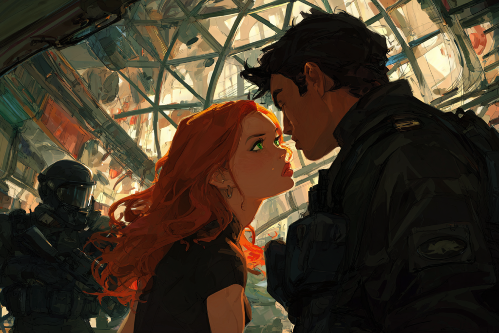 A red-haired woman and a dark-haired man in a dark uniform lean in until their faces nearly touch, an armed helmeted guard behind them under a domed ceiling.