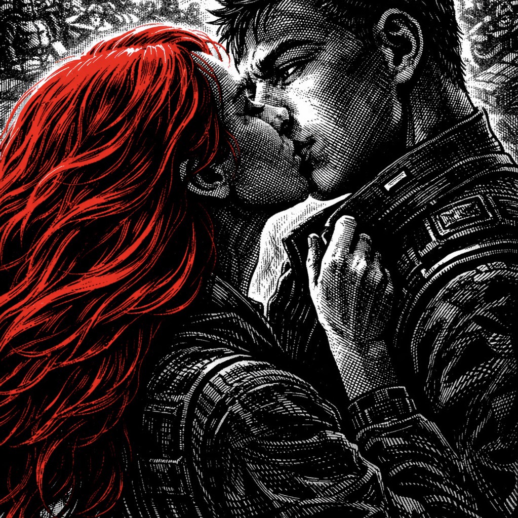 Close view of a red-haired woman embracing a stern-faced man in a military jacket, her face pressed to his.