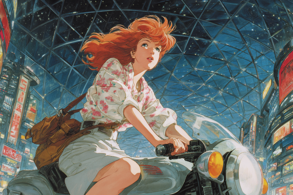 A red-haired woman rides a scooter through a neon-lit domed city at night, looking upward as her hair streams back.
