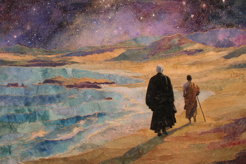 Ruth and Milarepa walk the shoreline together beneath a sky thick with stars