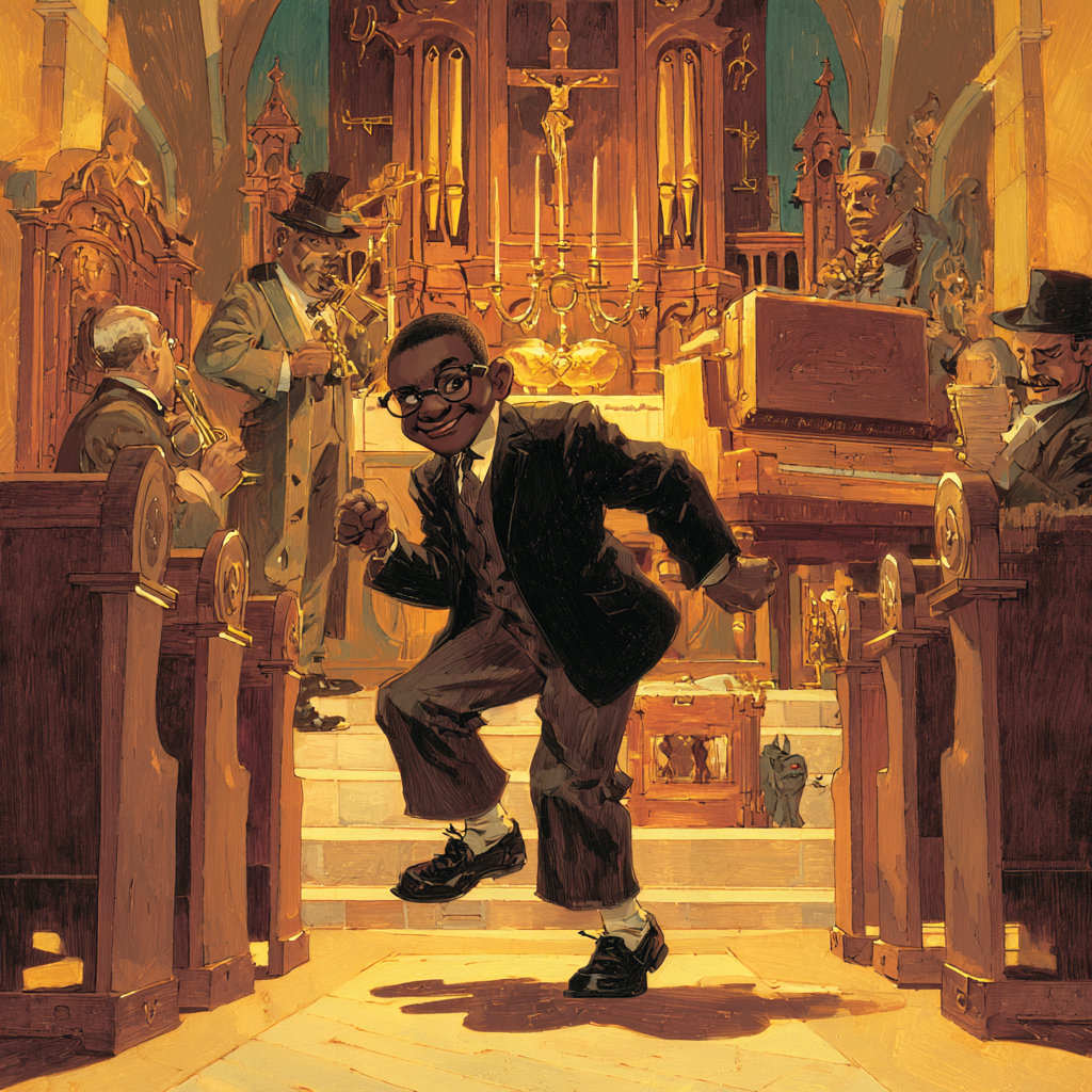 A boy in a suit and glasses dances in a church aisle before the altar and crucifix as a trumpeter and seated men watch.
