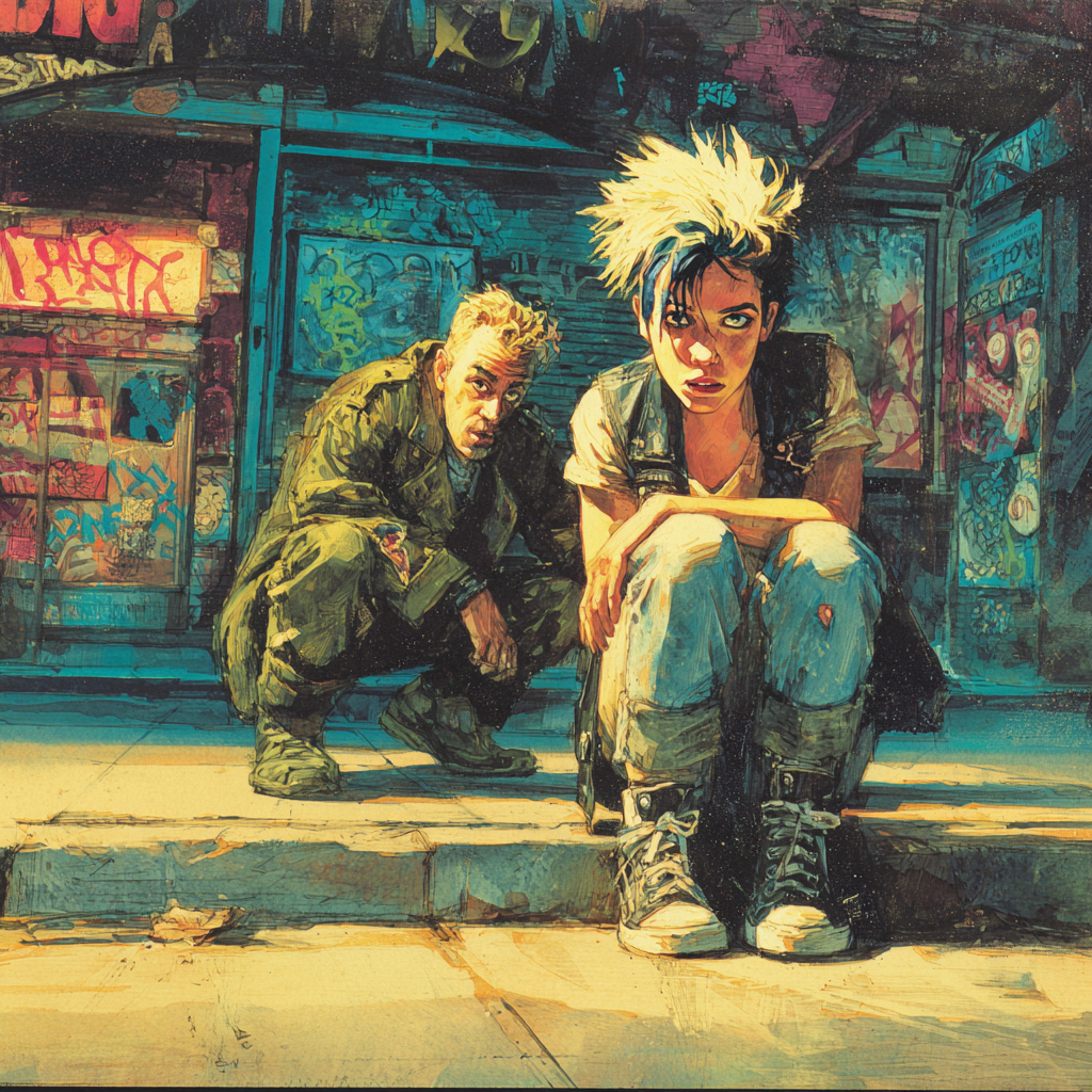 A punk woman with bleached spiky hair sits on a graffiti storefront stoop while a man crouches beside her at night.