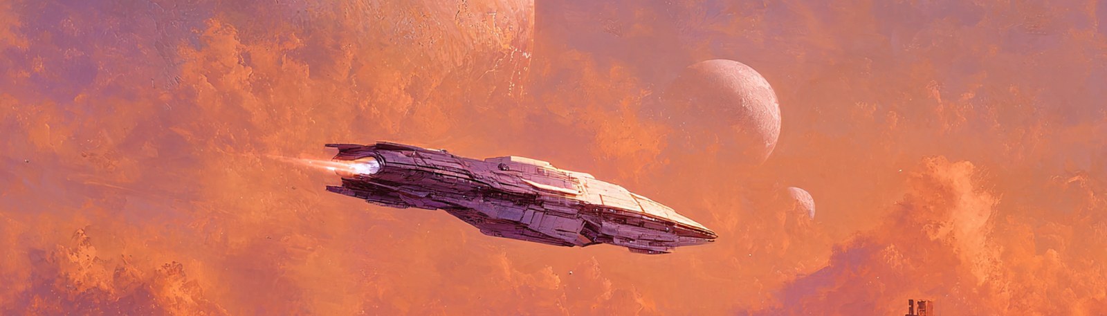A starship crossing a burning orange sky above a desert city, two moons hanging beyond it.