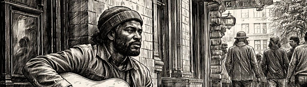 Pen-and-ink drawing of a street musician playing an acoustic guitar on a stoop as pedestrians pass behind him.