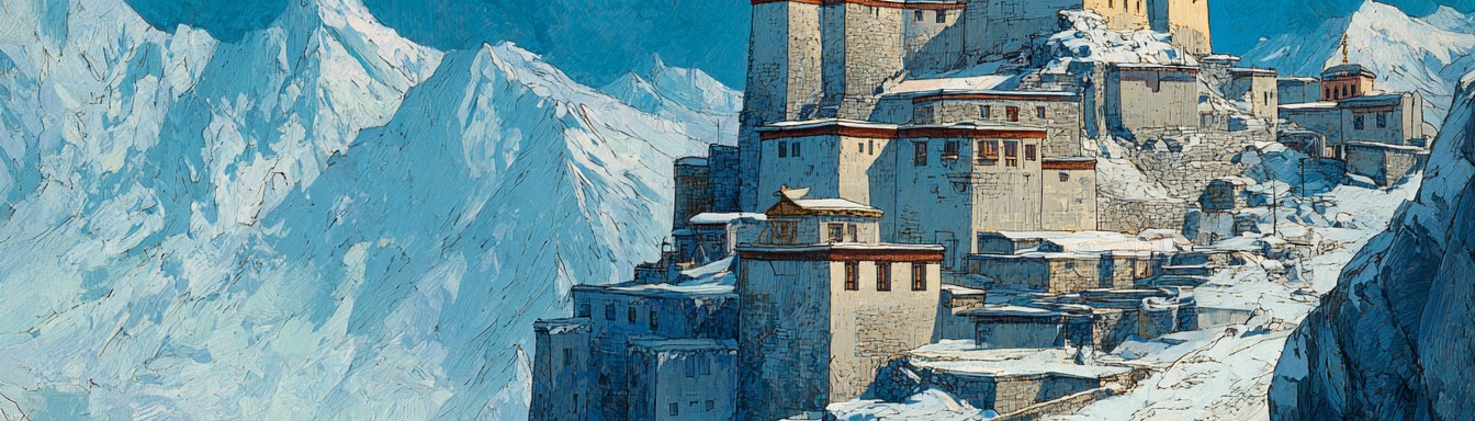 A monastery-university stacked up a snowbound cliff face beneath deep blue mountain sky.