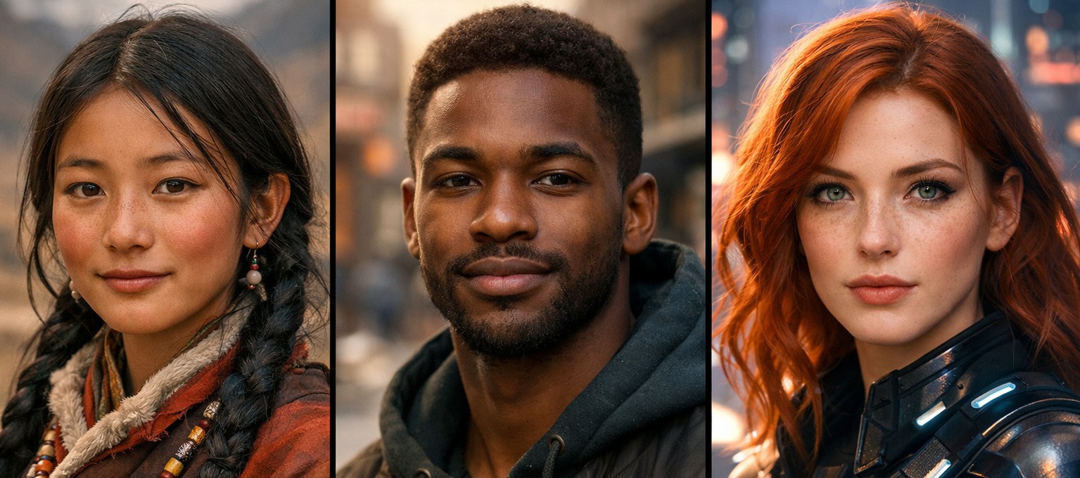 Three portraits side by side: a young woman in a mountain village, a man on a city street, and a red-haired woman in armour.