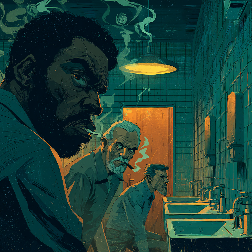 Weathered men smoke at a row of shelter bathroom sinks under a low hanging lamp, mirrors along the wall.