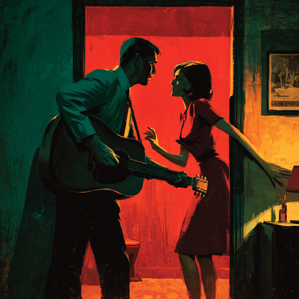 A man with a guitar and a woman stand face to face in a glowing doorway, a lamp burning on a side table.