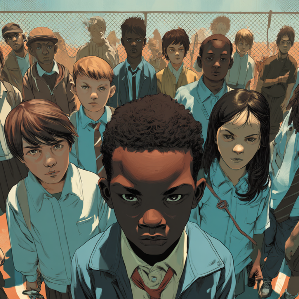 A solemn boy stares ahead at the center of a crowd of uniformed schoolchildren gathered along a chain-link fence.