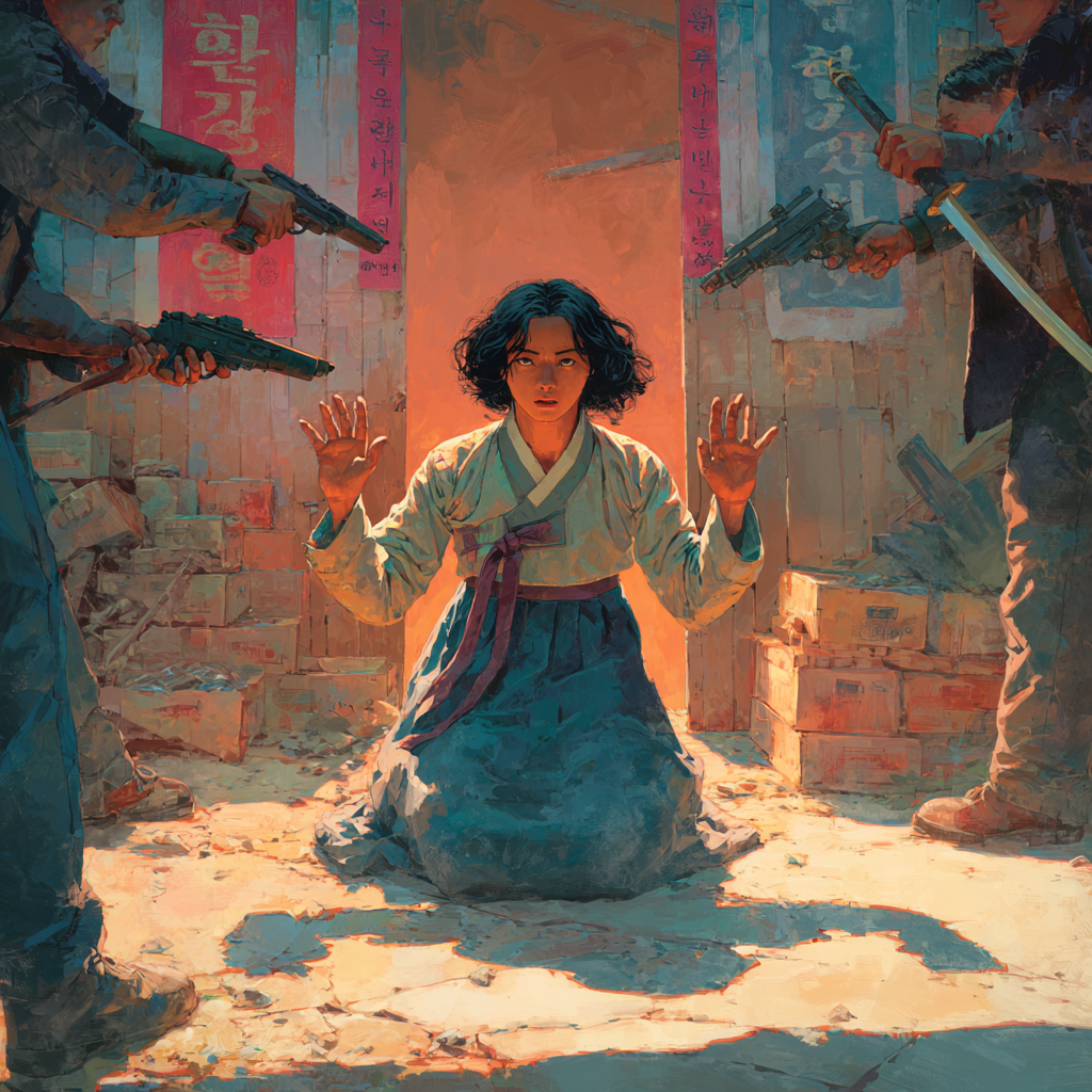 Mei on her knees with hands raised, rifles and a drawn blade closing in from both sides