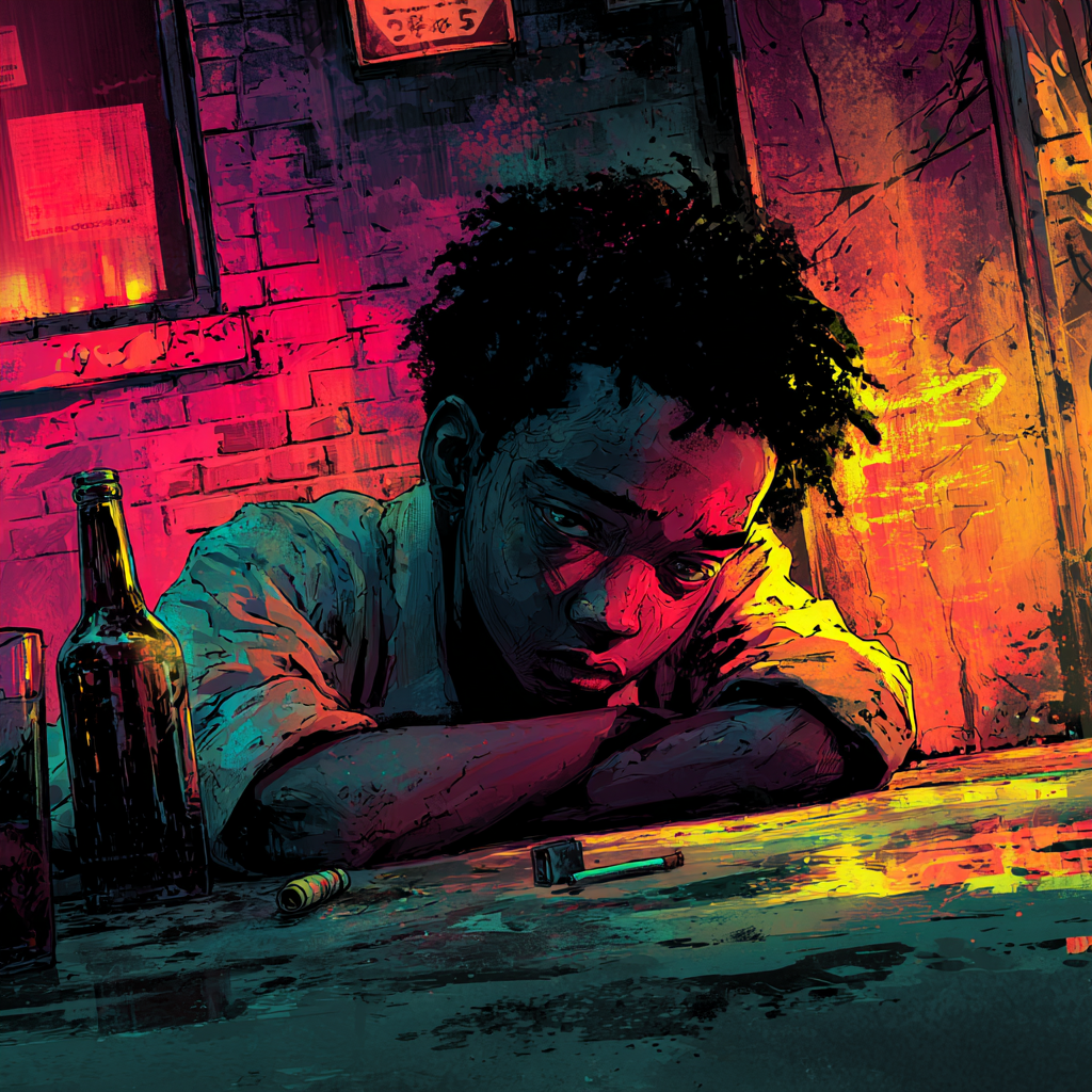 A young man slumps against a wall at a table under harsh neon, an empty bottle and a cigarette beside him.