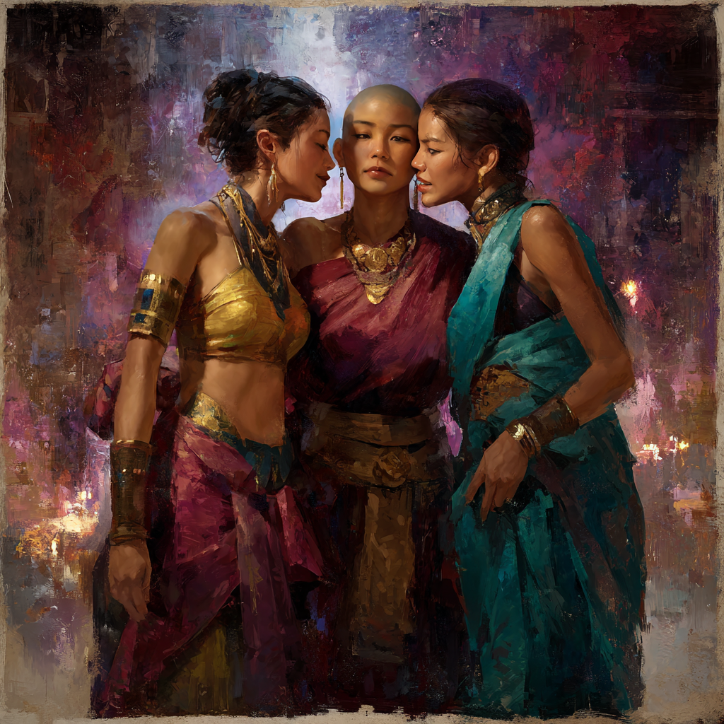 The three daughters press close around shaven-headed Ruth, whispering at both her ears