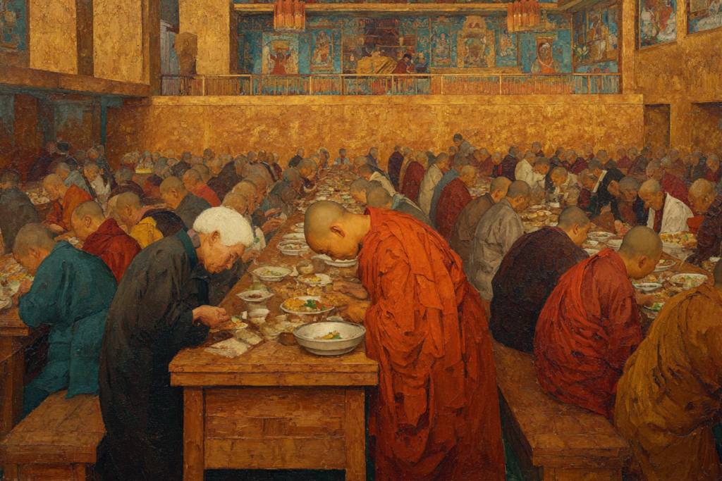 The great dining hall packed with monastics at long tables beneath murals of past masters