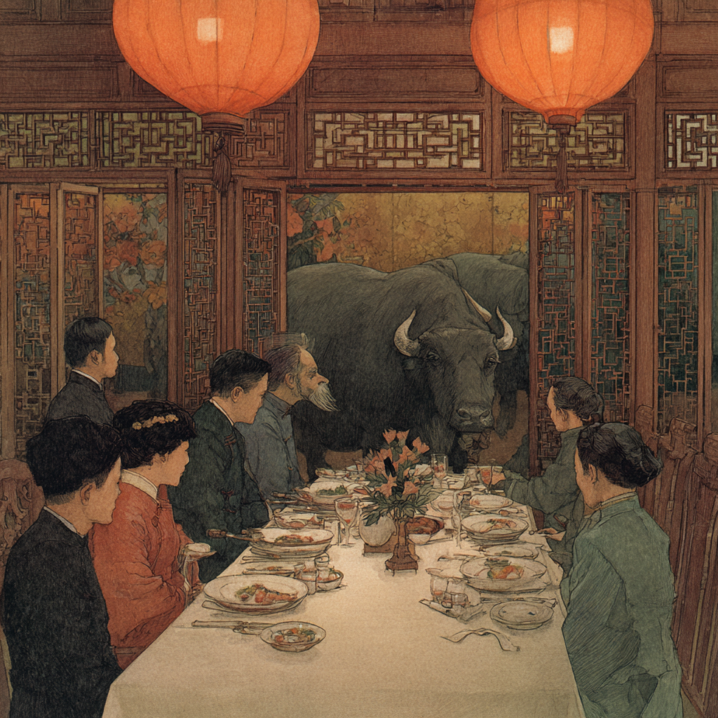 The formal family dinner in full swing while a yak looms in the doorway behind the guests