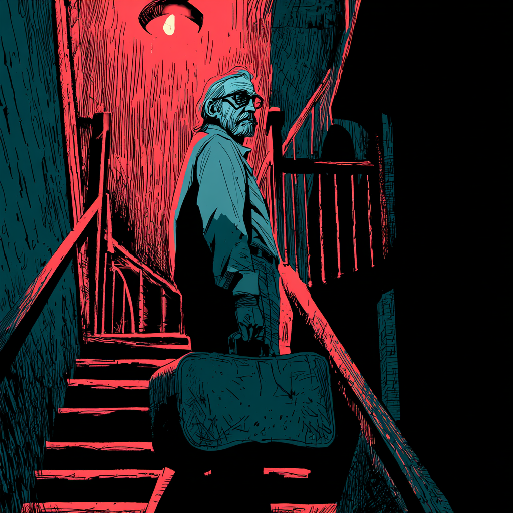 An older bearded man in glasses pauses on a dim stairwell holding a duffel bag, looking back over his shoulder.