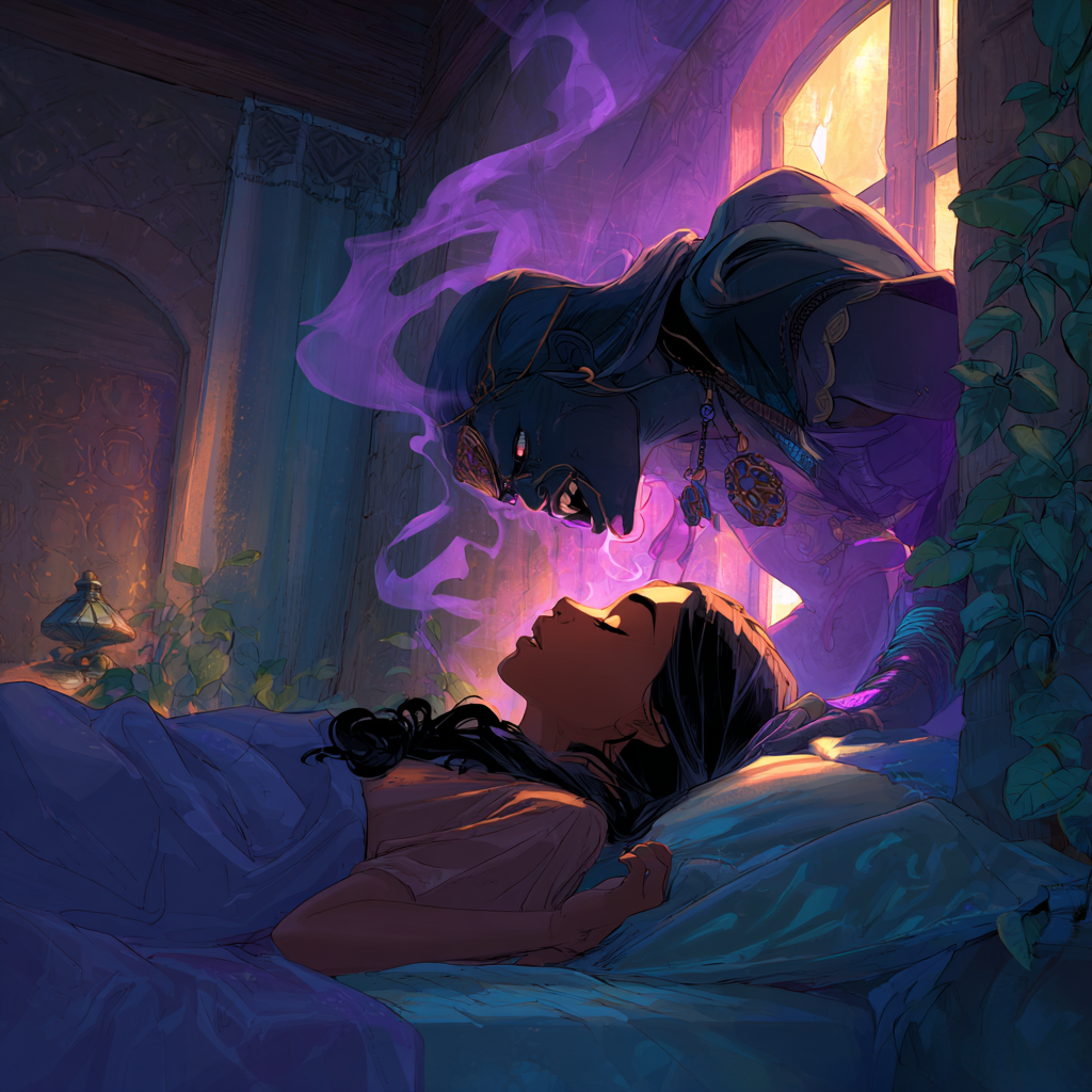 The goddess dissolving into smoke above Mei asleep in bed, dawn light at the window