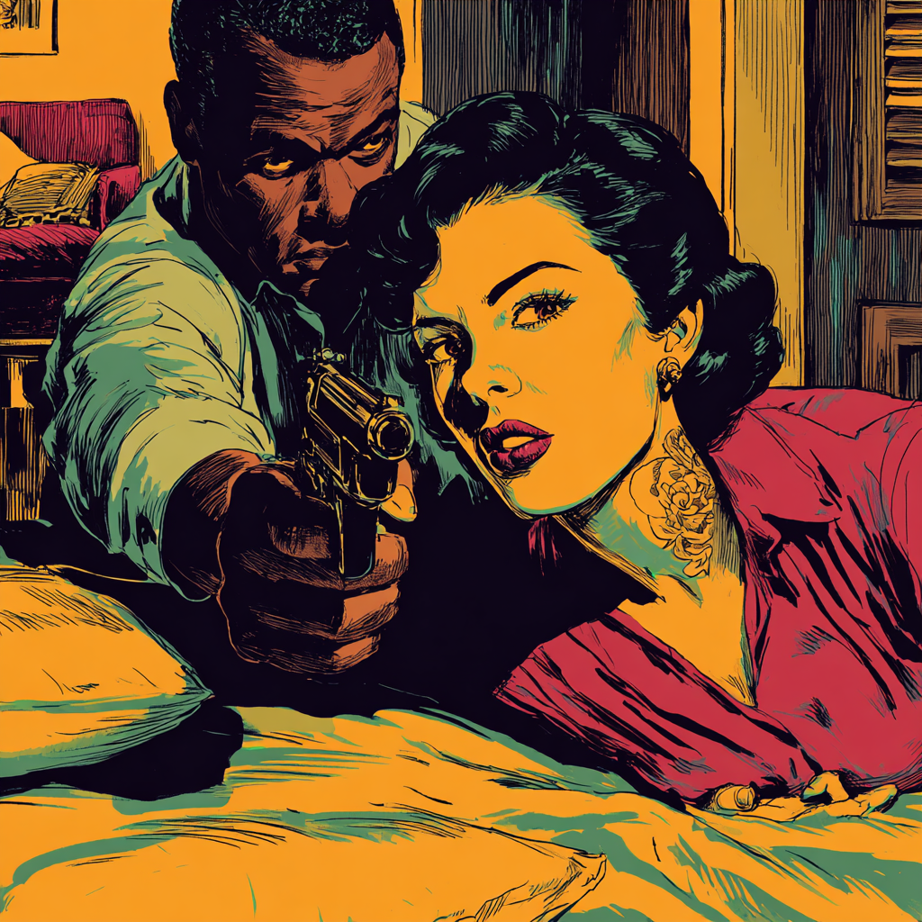 A man leans over a woman and aims a pistol toward the viewer in a lurid motel room.