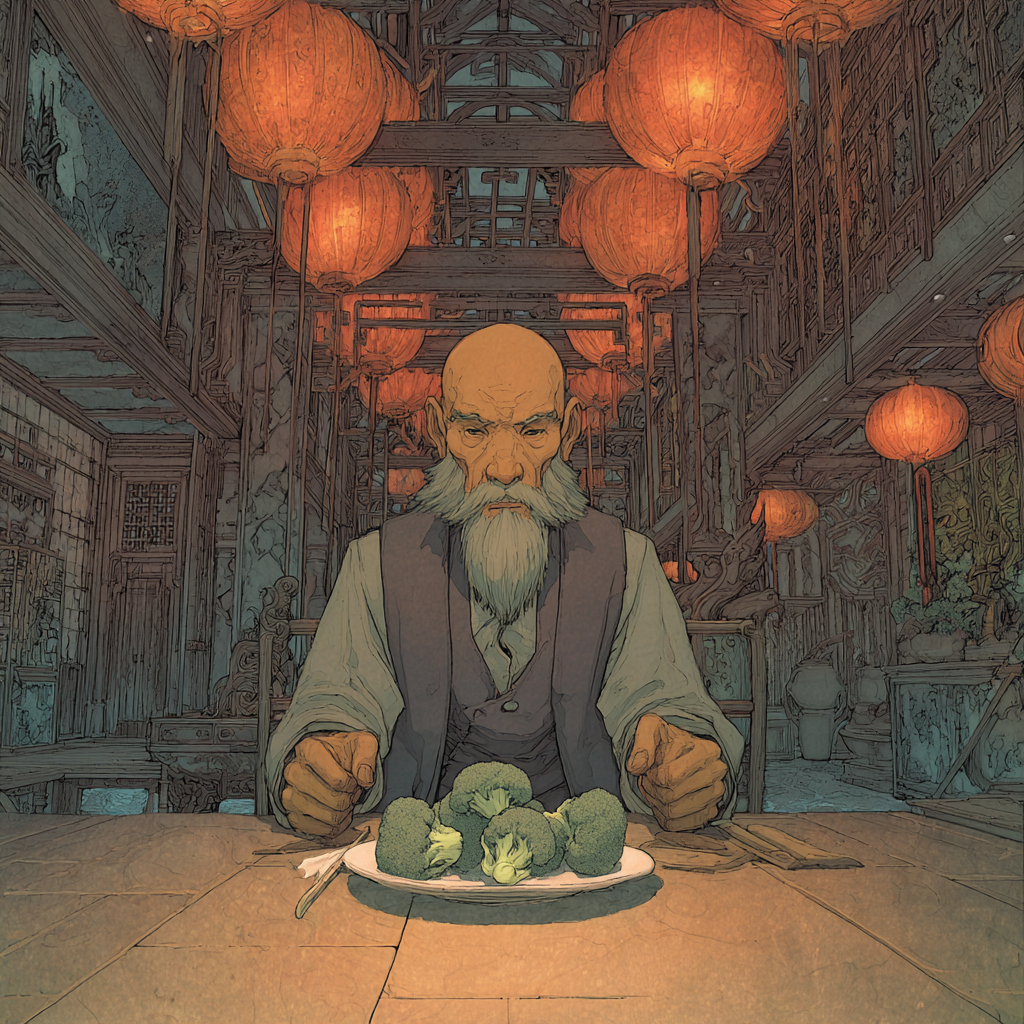 The father at the head of the table, fists planted on either side of a plate of greens, lanterns above