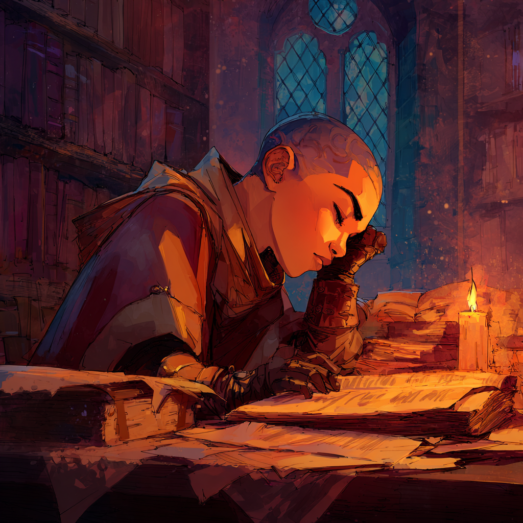 Ruth bent close over loose pages by a single candle, an arched window behind her