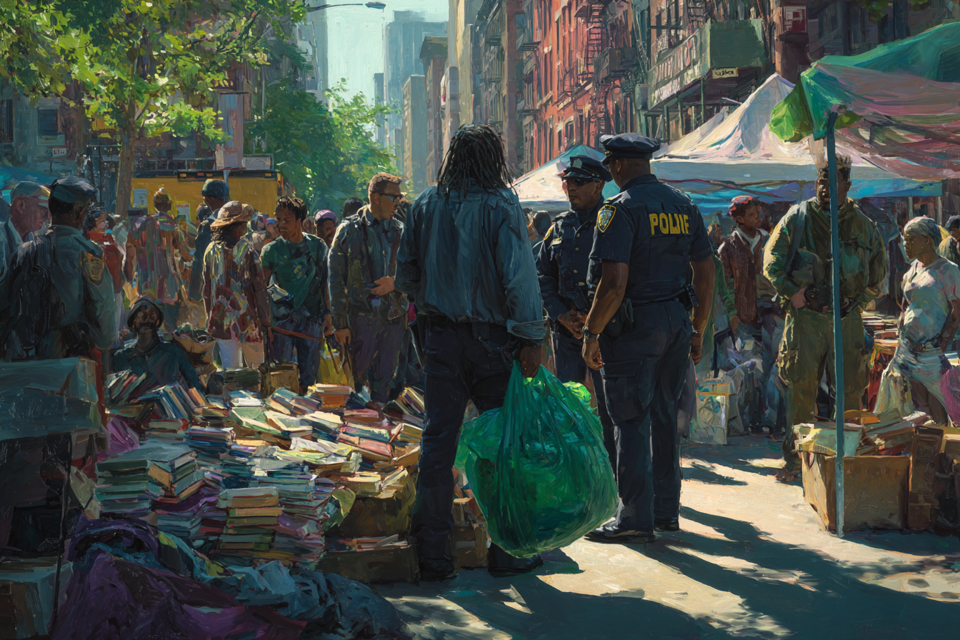 The Book of Rook featured: a street bookseller faces two police officers at his book stall in a crowded market.