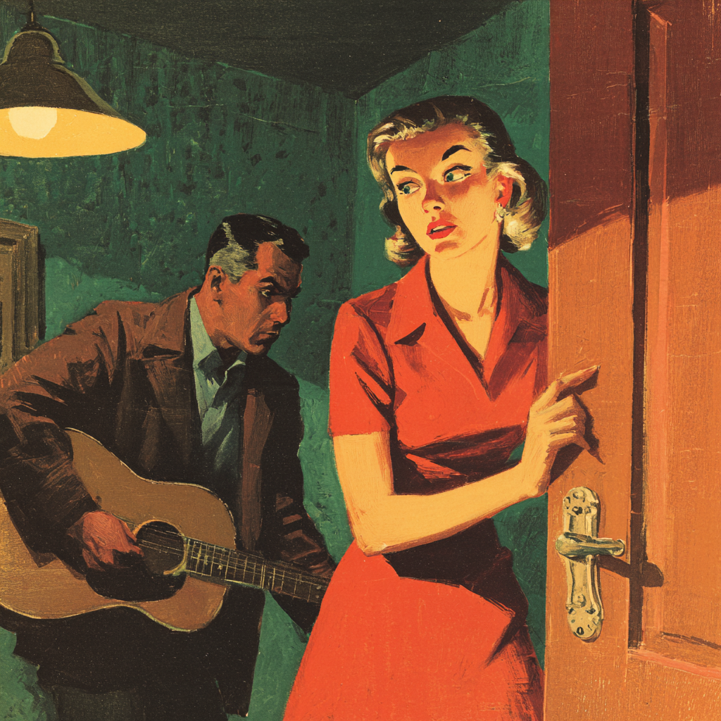A wide-eyed woman grips a door to leave as a man with a guitar leans toward her in a dim room.