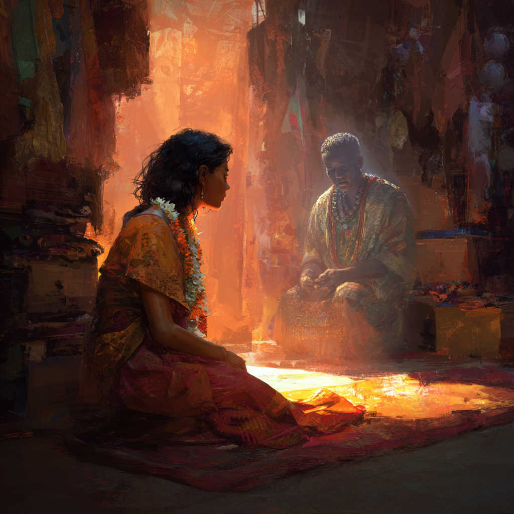 Mei kneels before Melvin’s translucent ghost seated in the glow of the market stalls