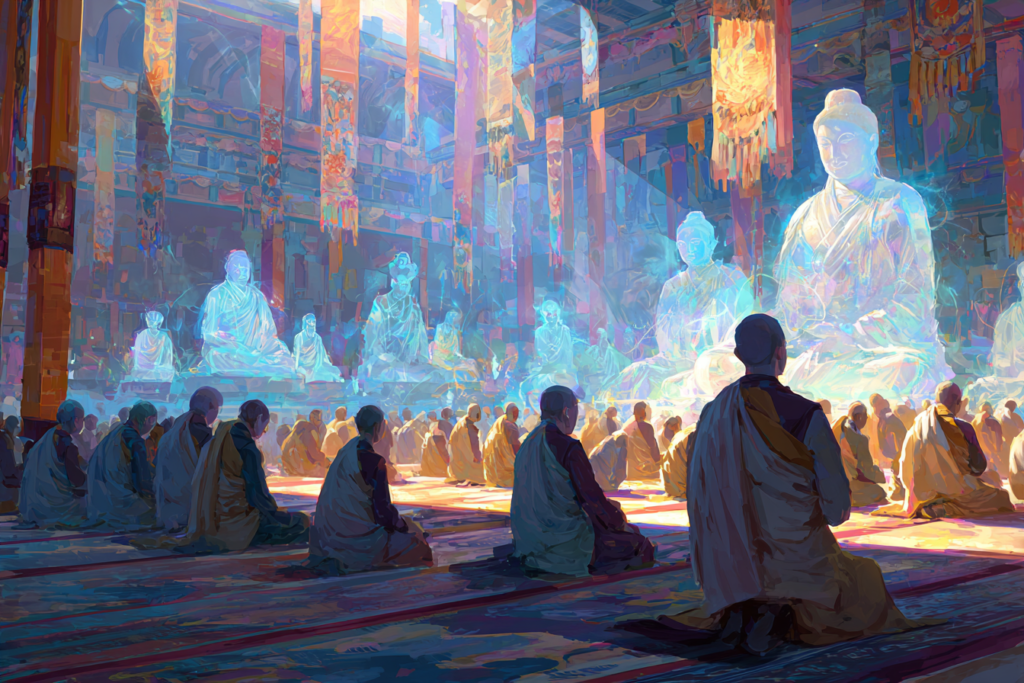Translucent buddhas seated among the living monks in the hall, sharing the same rows