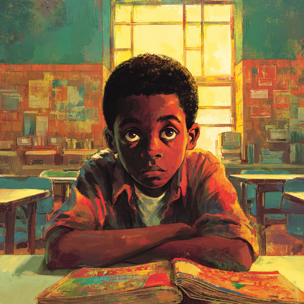 A Black boy sits at a school desk with arms folded, looking up, in a bright, cluttered classroom by a window.
