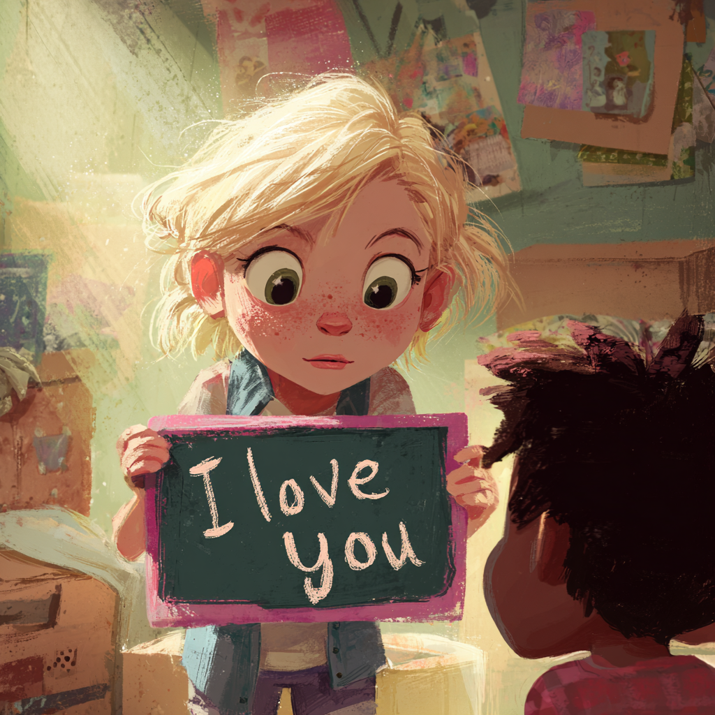 A wide-eyed blond girl holds up a small chalkboard reading “I love you” toward a boy seen from behind.
