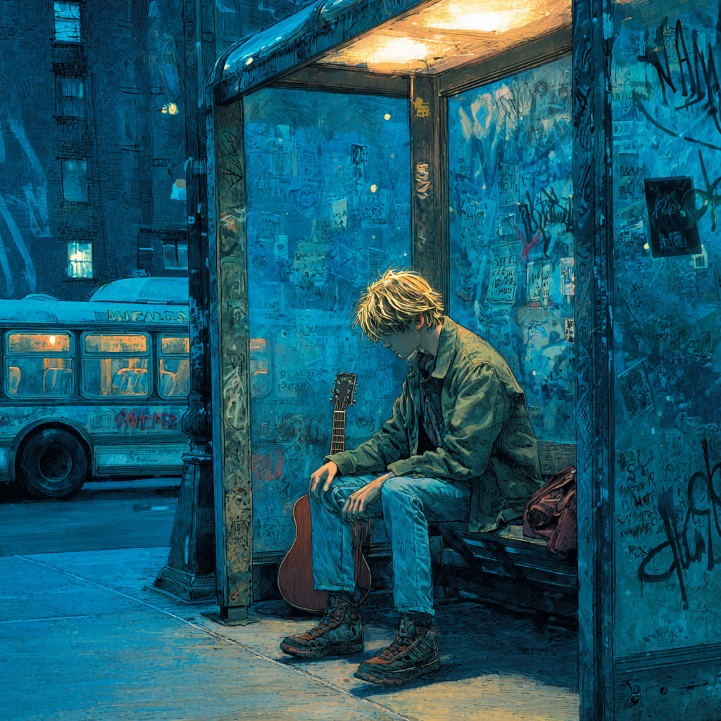 A young man sits hunched in a graffiti bus shelter at night, an acoustic guitar propped against his leg, a bus passing.
