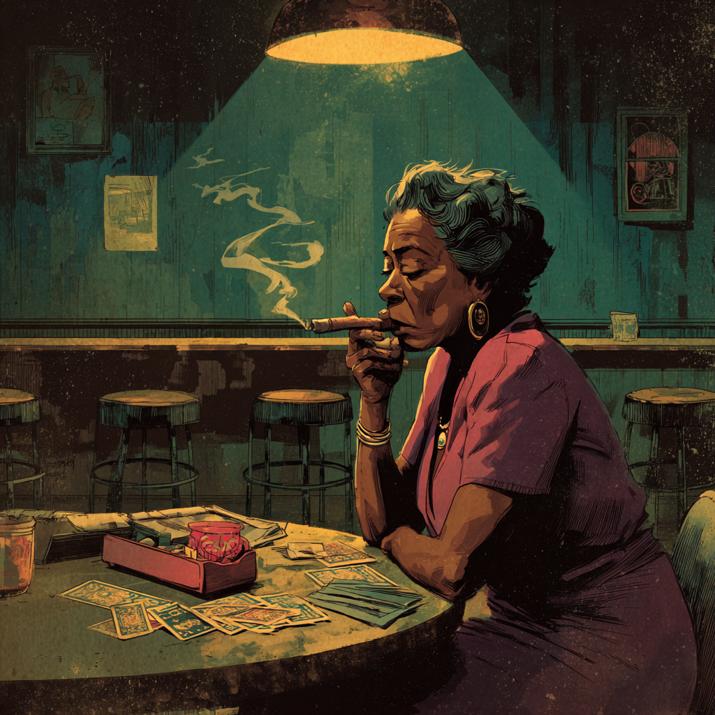 An older woman smokes at a round table spread with tarot cards in a dim, empty barroom lit by a hanging lamp.