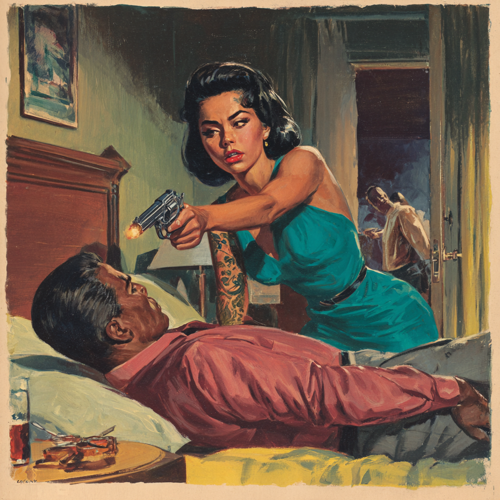 A woman in a dress fires a revolver at a man lying on a motel bed as two figures watch from the doorway.