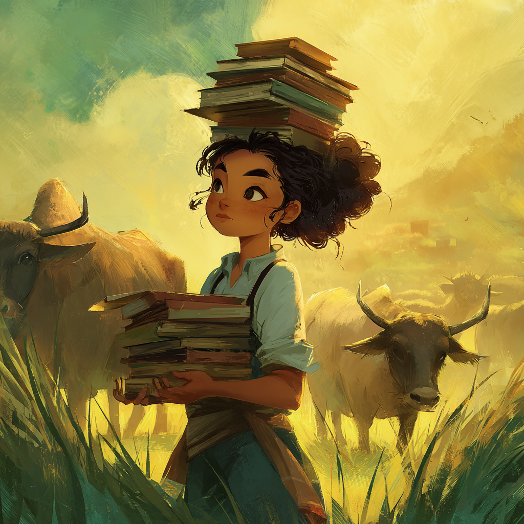 Child Mei crossing a pasture with books piled on her head and more in her arms, yaks grazing around her