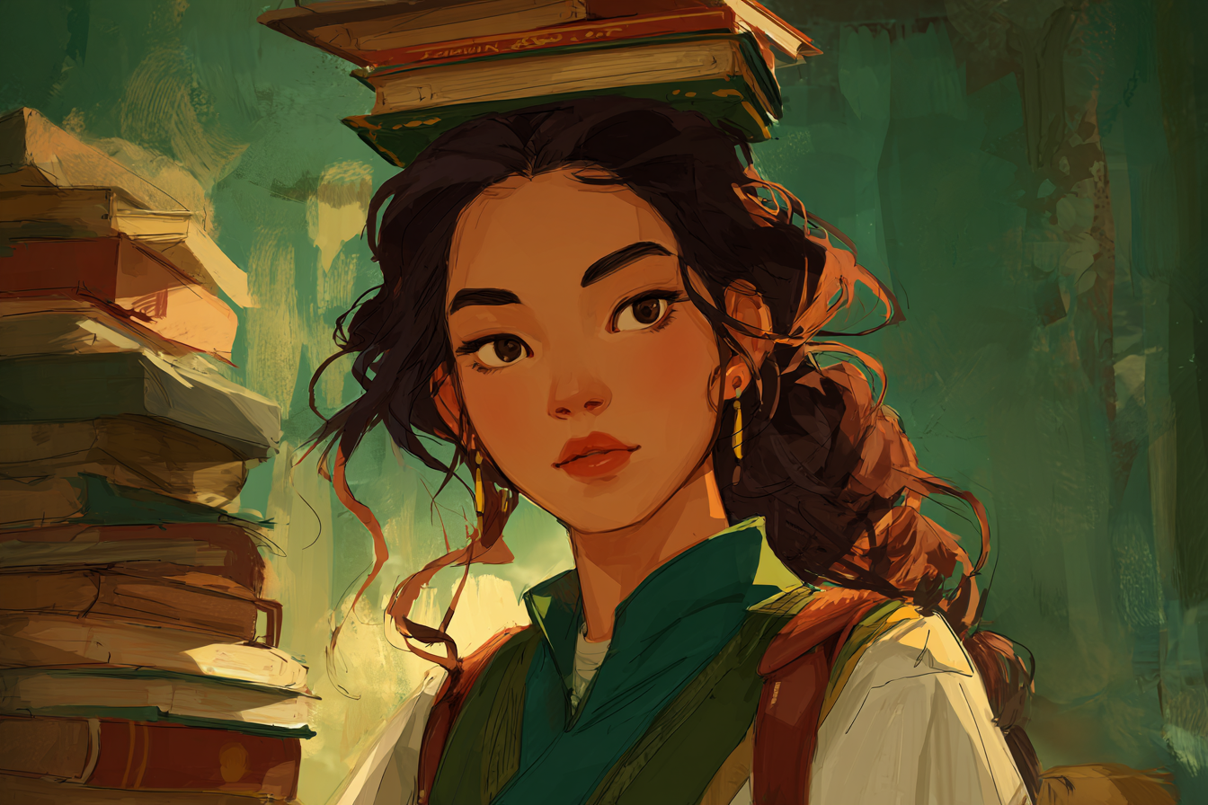 Close portrait of young Mei with a stack of books balanced on her head, more books stacked beside her