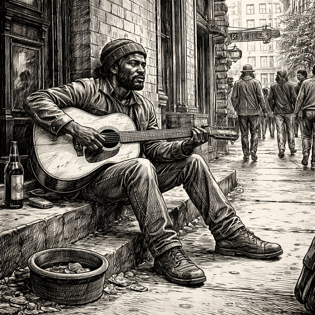A bearded busker in a knit cap sits on a stoop playing an acoustic guitar, a bottle and a tip bowl beside him.