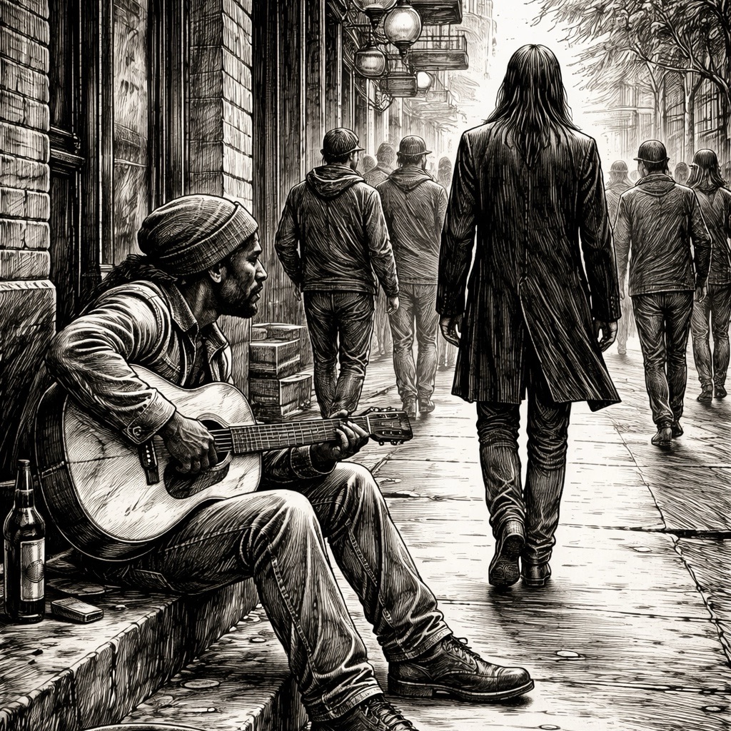 A busker plays guitar on a stoop as a long-coated figure walks away down the crowded street.