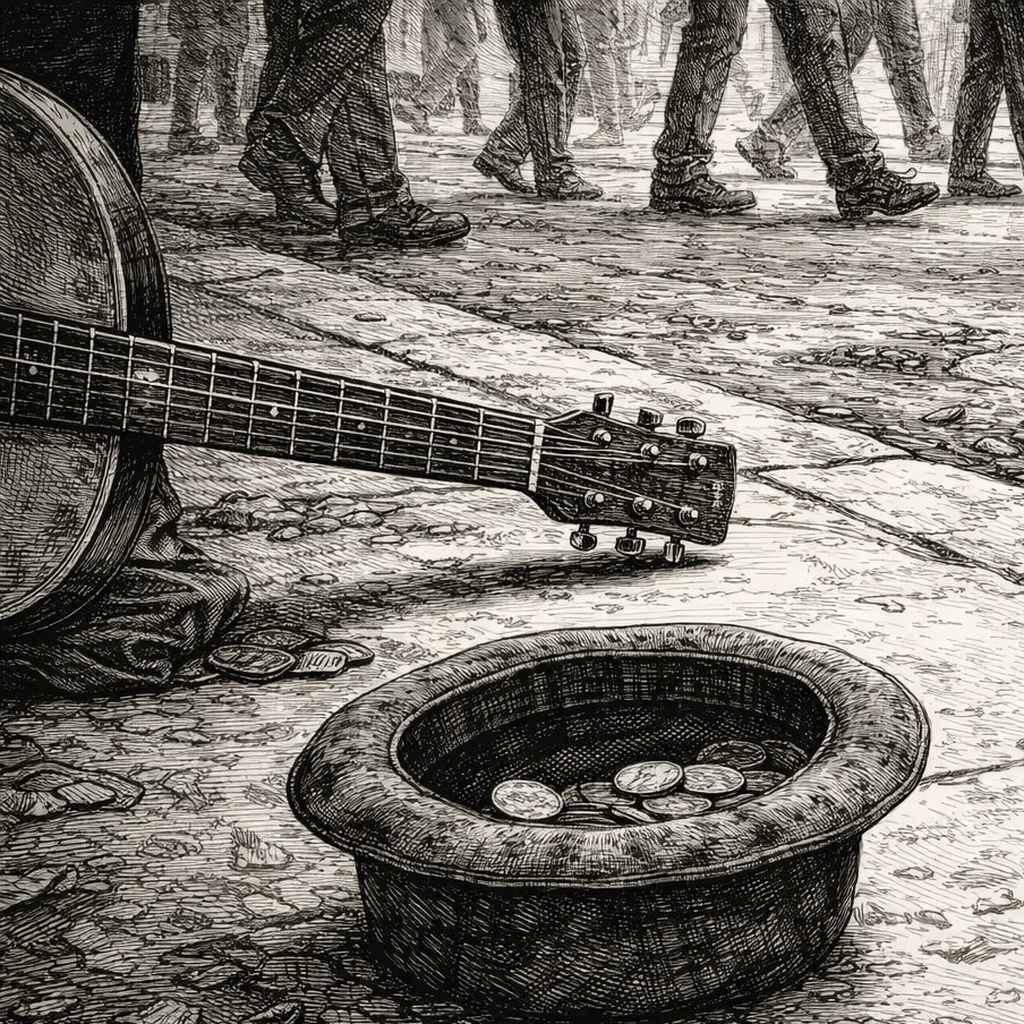 A guitar leans by an upturned hat holding a few coins on the pavement as feet pass by.