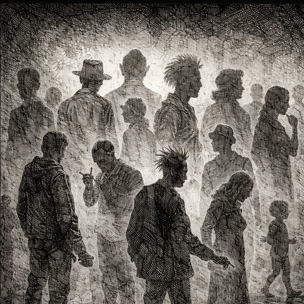 A dense crowd of etched street figures stands shoulder to shoulder, hats and spiked hair among them.