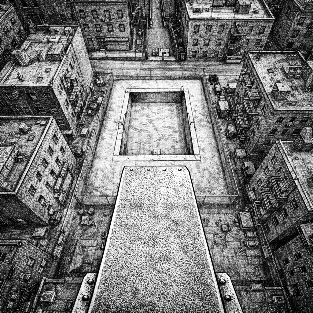 A high aerial view of an empty tenement courtyard pool ringed by brick buildings, a diving board over the dry basin.